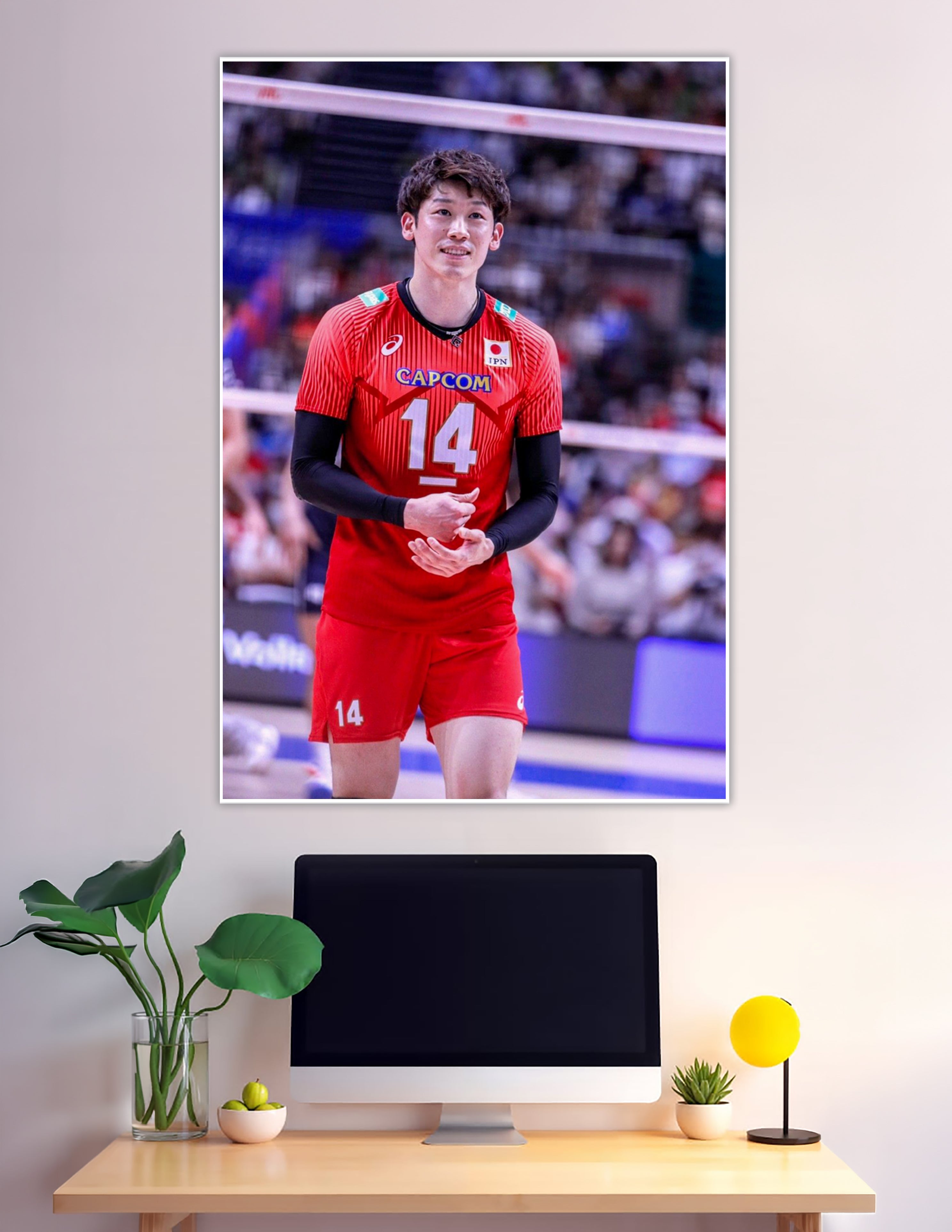 Japan national volleyball player number 14 red jersey smiling