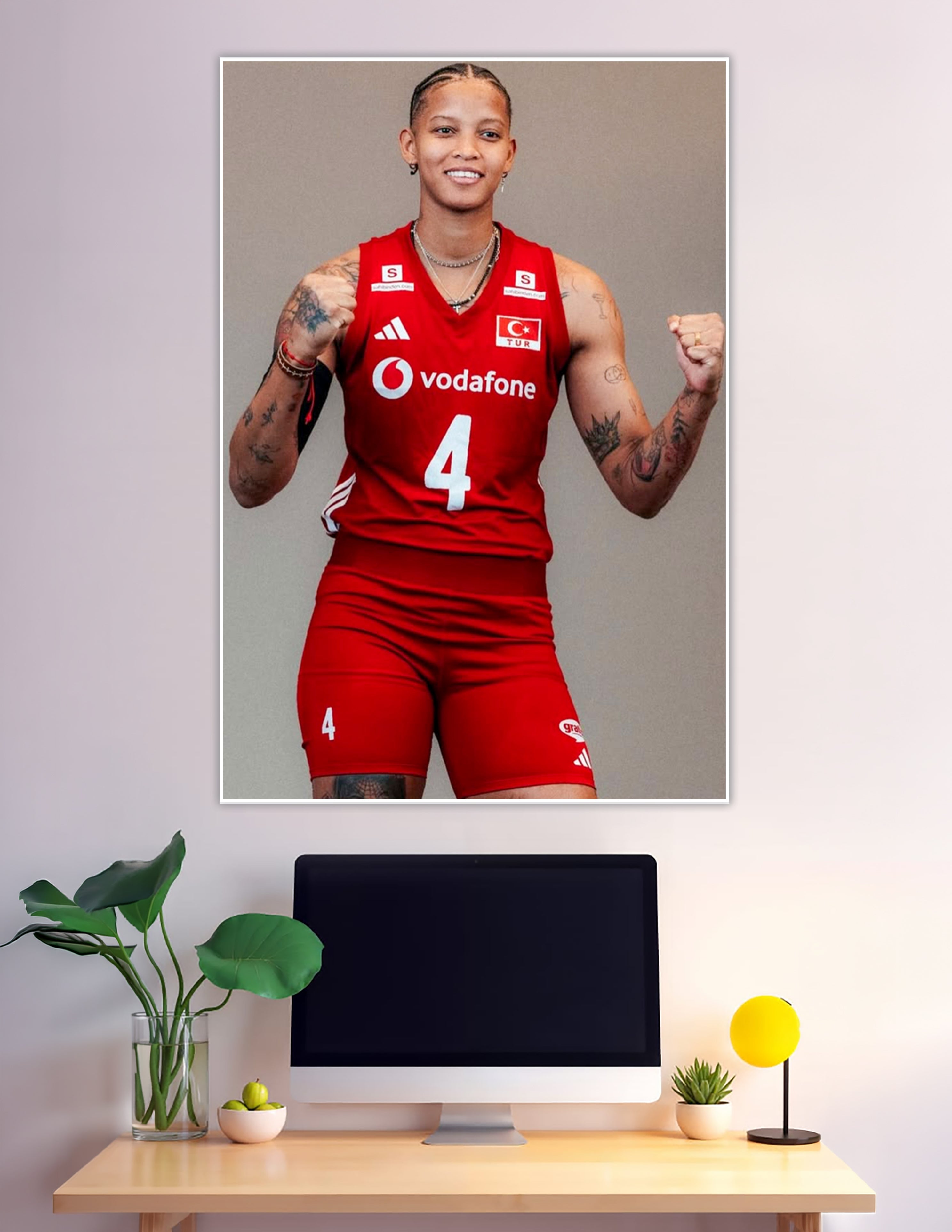 Turkey volleyball player number 4 red Adidas jersey fists raised