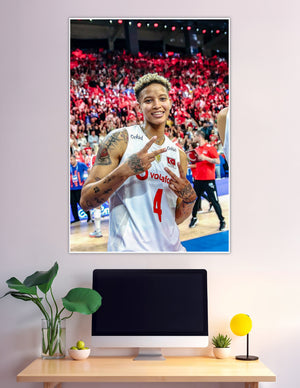 Turkey basketball player number 4 celebrating victory with fans